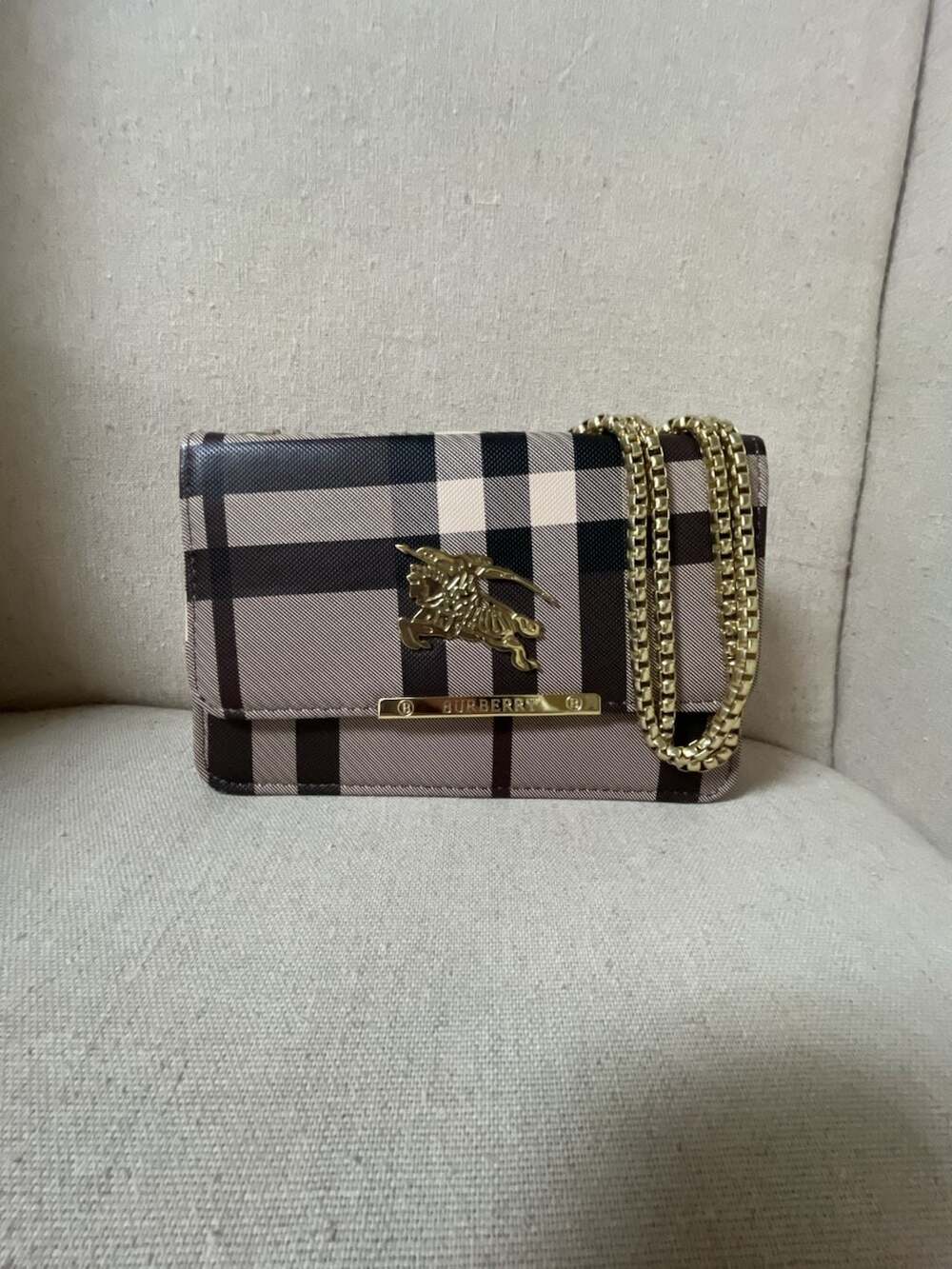Burberry House Check Crossbody Bag with Chain Strap and Logo Plaque